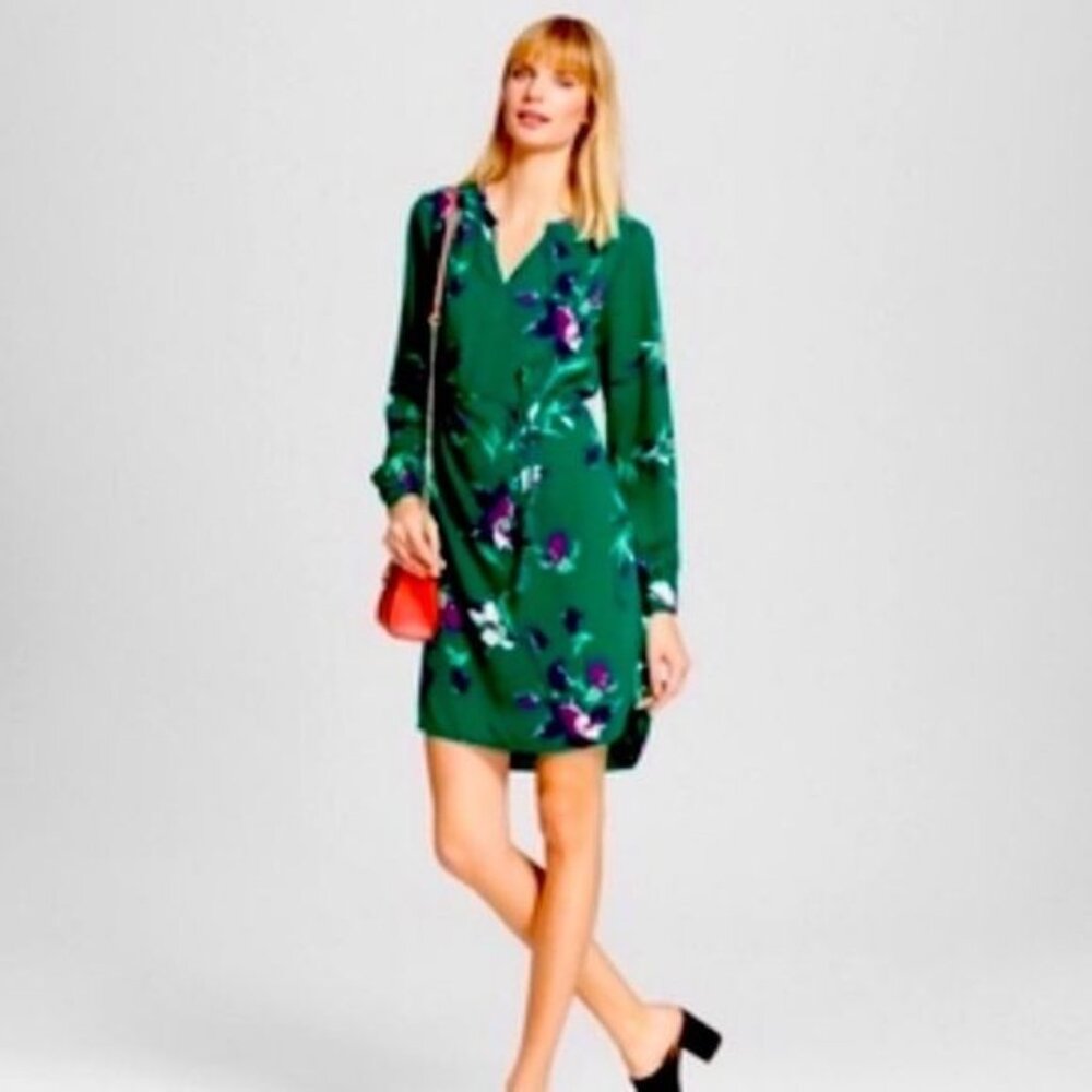 Merona Women's XS Green Purple Floral Split Neck Long Sleeve Sheath Dress